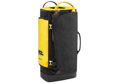 Black and yellow backpack with a visible brand logo on a white background