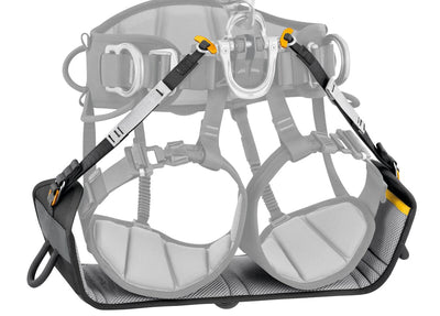 Gray climbing harness with black straps on a white background