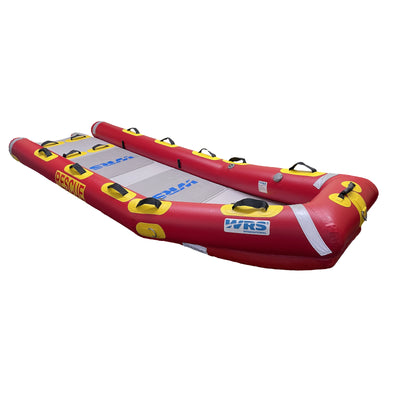 Red inflatable raft with yellow accents on a white background