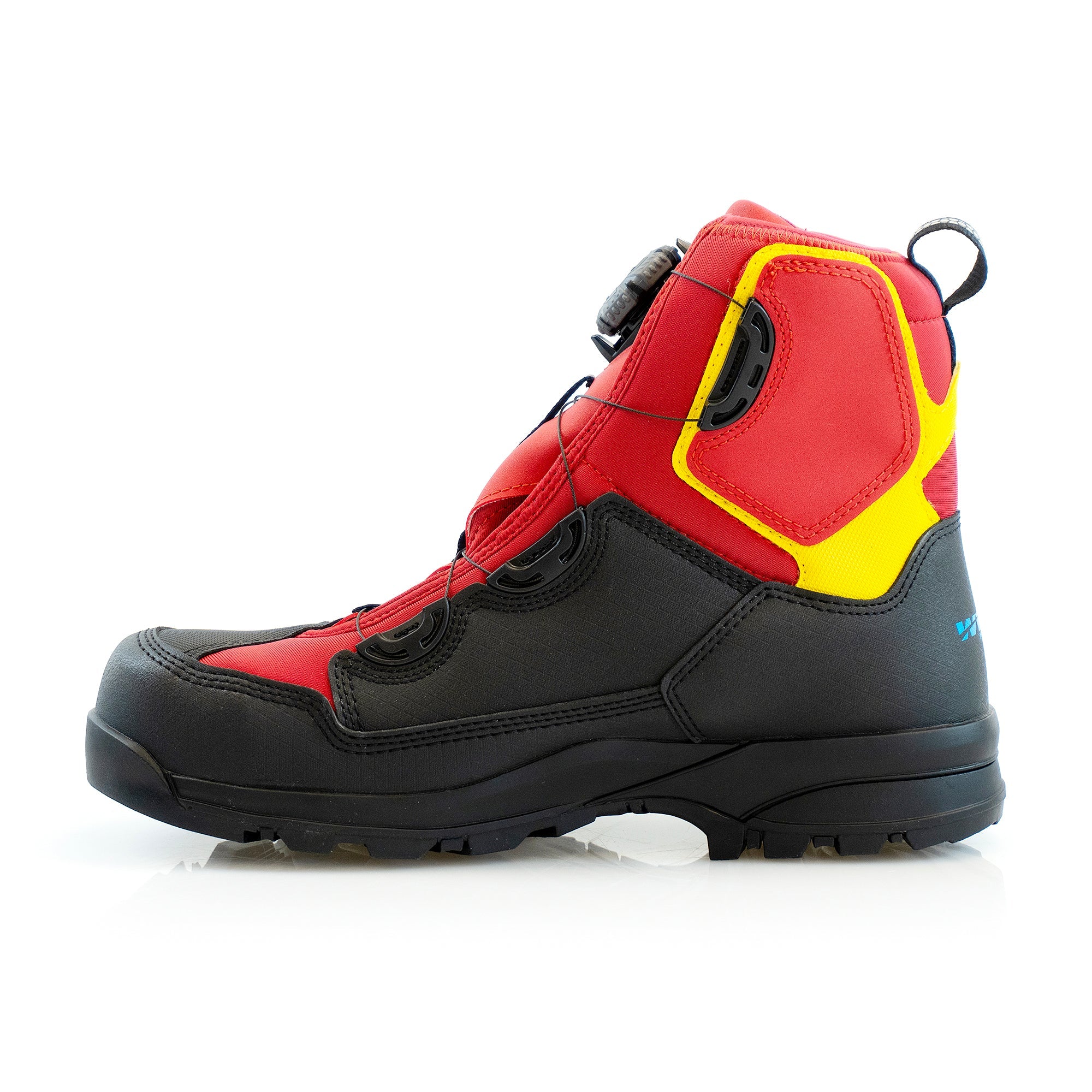 Red, black, and yellow boot on a white background