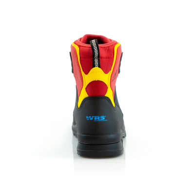 Black boot with red and yellow accents on a white background