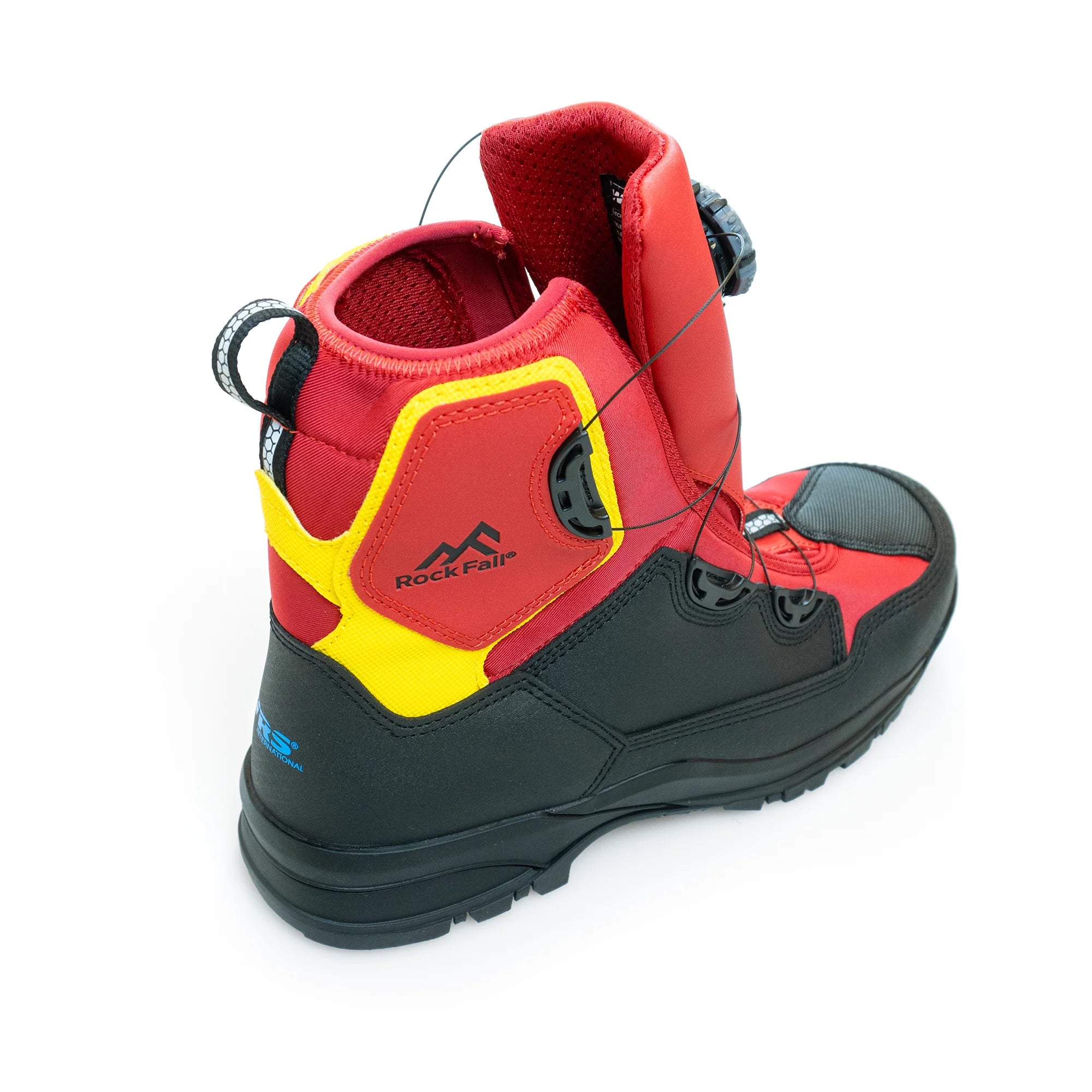 Red, black, and yellow boot with visible brand logo on a white background