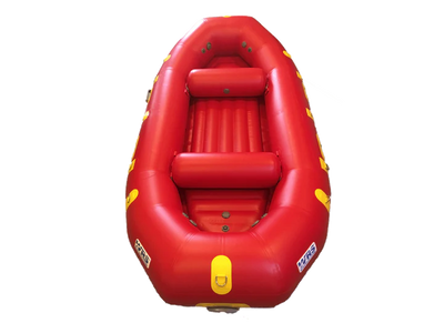 Red inflatable boat with yellow accents on a white background