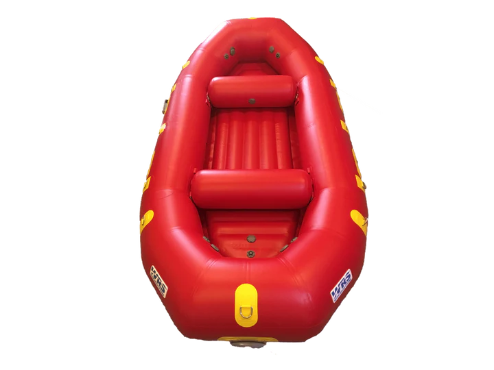 Red inflatable boat with yellow accents on a white background