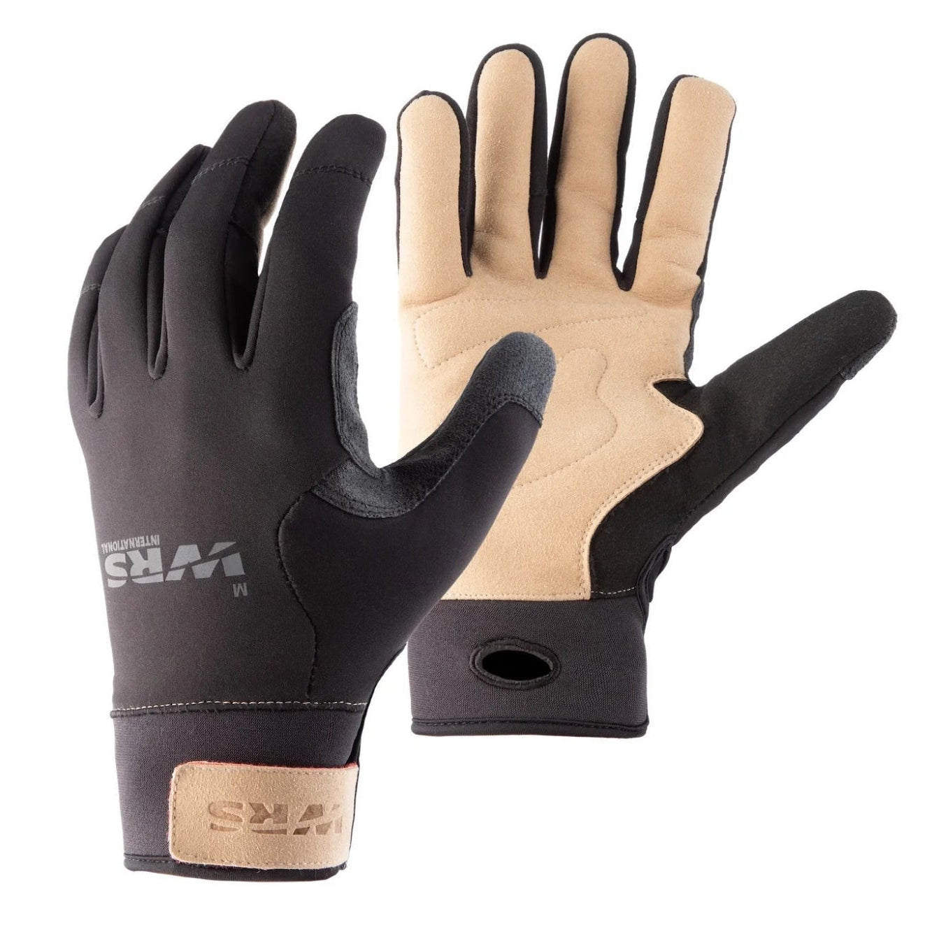 Pair of black and beige gloves on a white background