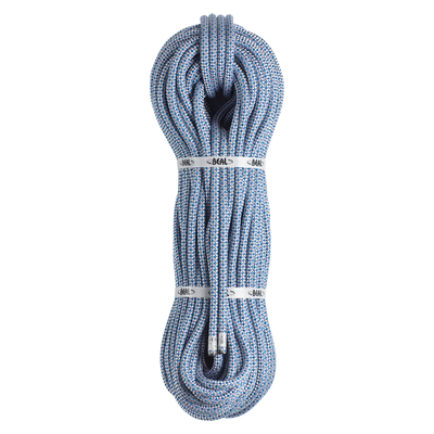 Coiled climbing rope with BEAL branding on a white background