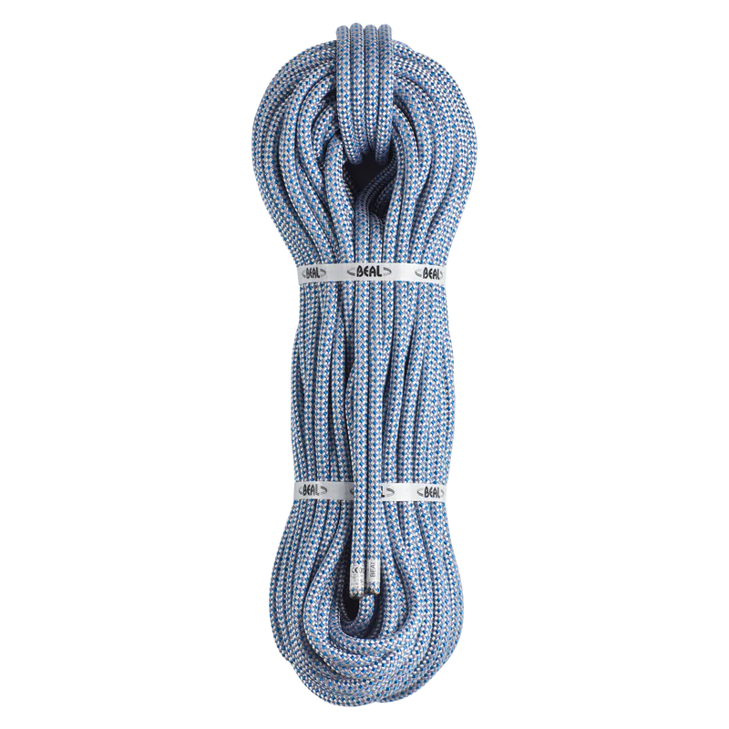 Coiled climbing rope with BEAL branding on a white background