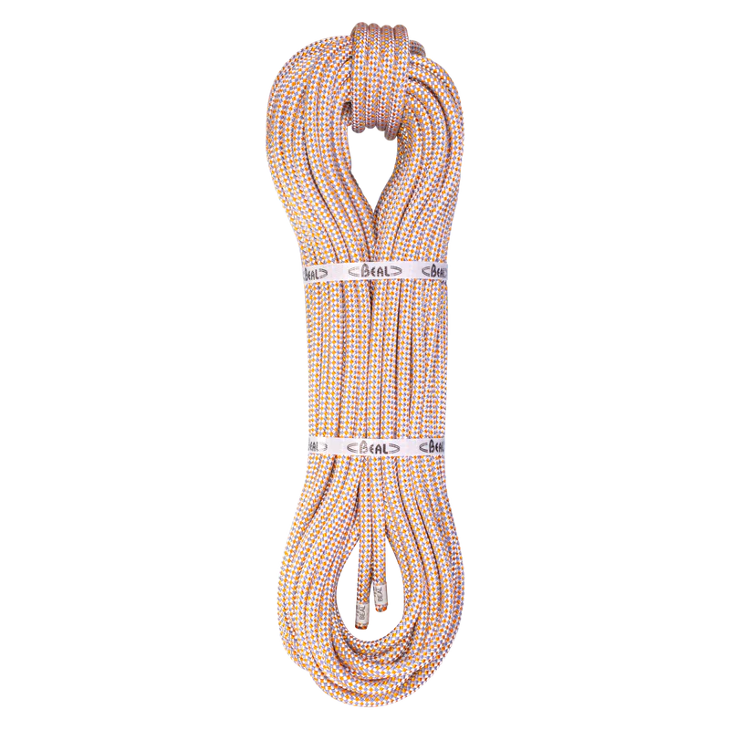Coiled climbing rope with Beal branding on a white background