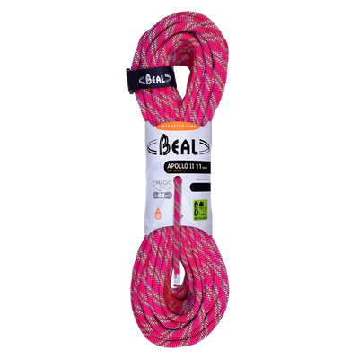 Pink climbing rope with Beal label on a white background