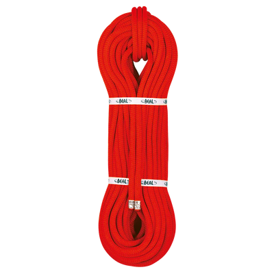 Red climbing rope with BEAL branding on a white background