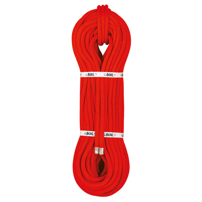 Red climbing rope with BEAL branding on a white background