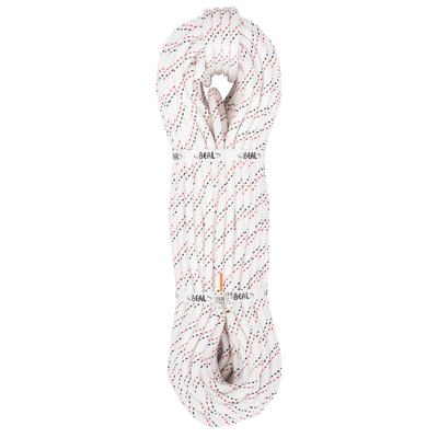 White climbing rope with red accents on a white background