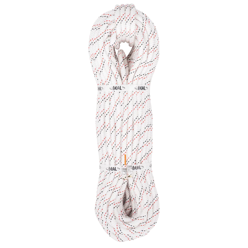 White climbing rope with red accents on a white background