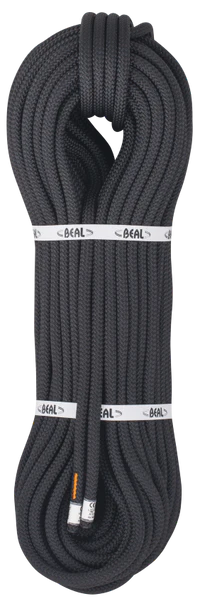 Coiled black rope with BEAL branding on a white background