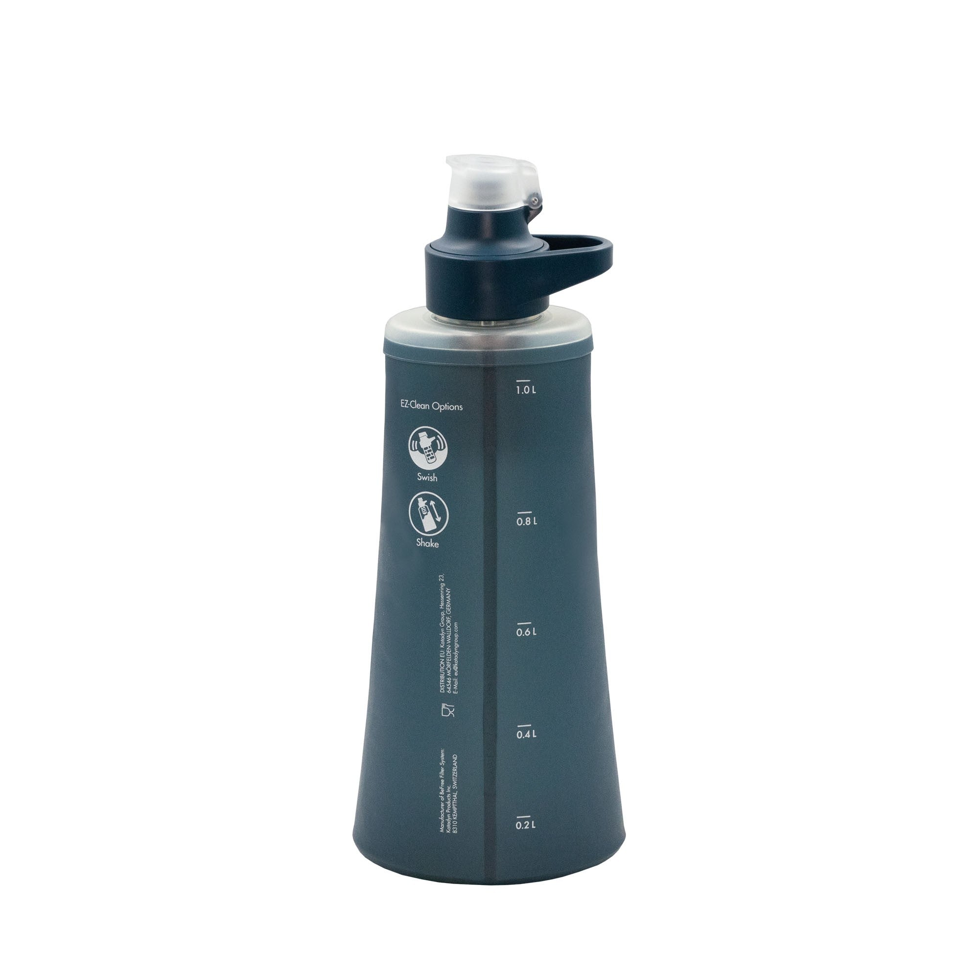 Blue water bottle with 'BeFree' and 'Katadyn' branding on a white background