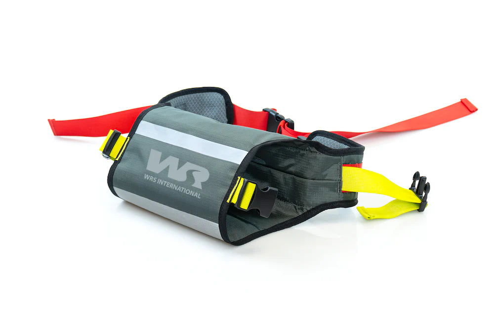 Gray waist bag with red and yellow straps on a white background
