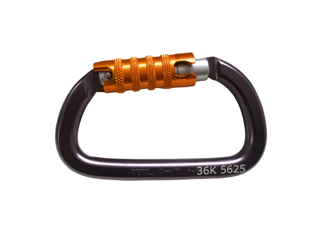 Carabiner with orange lock mechanism on a white background