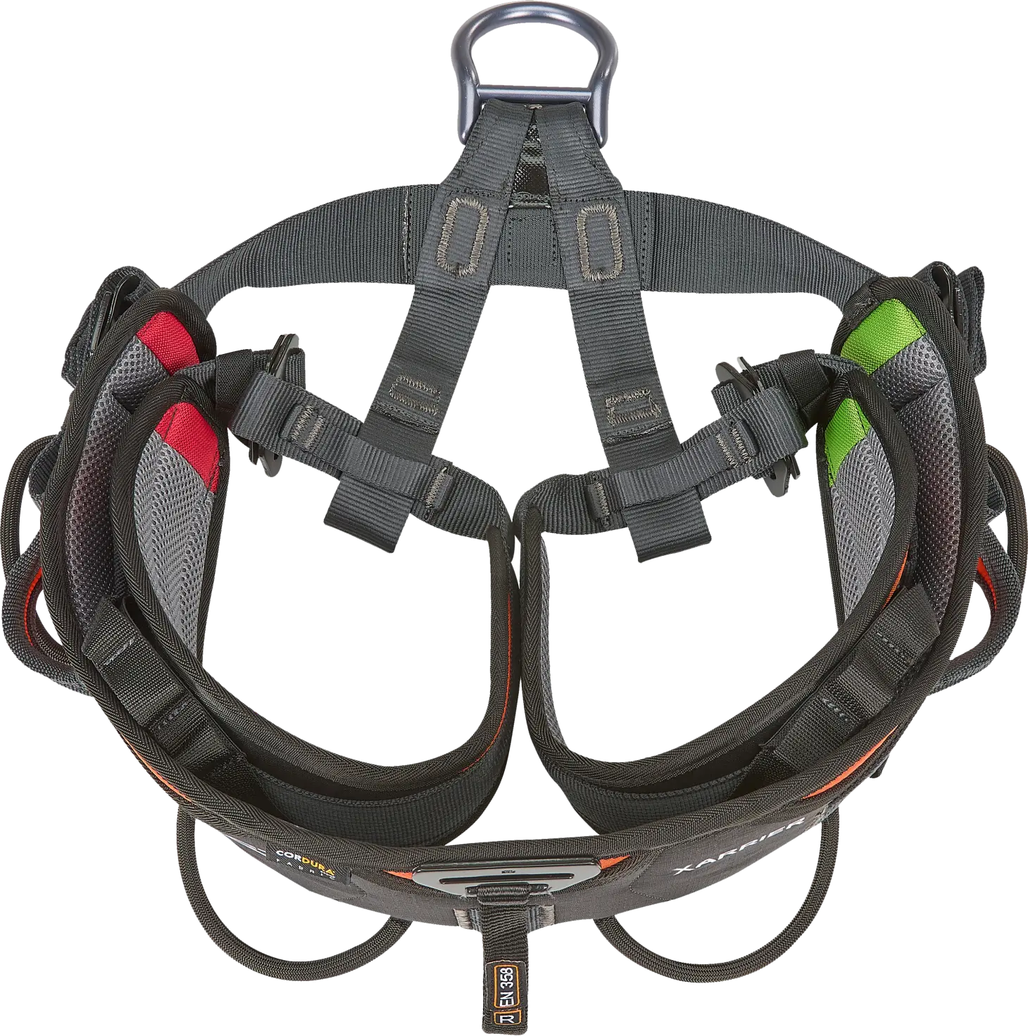 Gray climbing harness with multiple straps on a white background