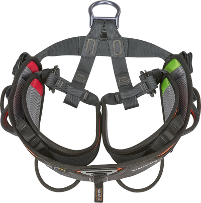 Gray climbing harness with multiple straps on a white background