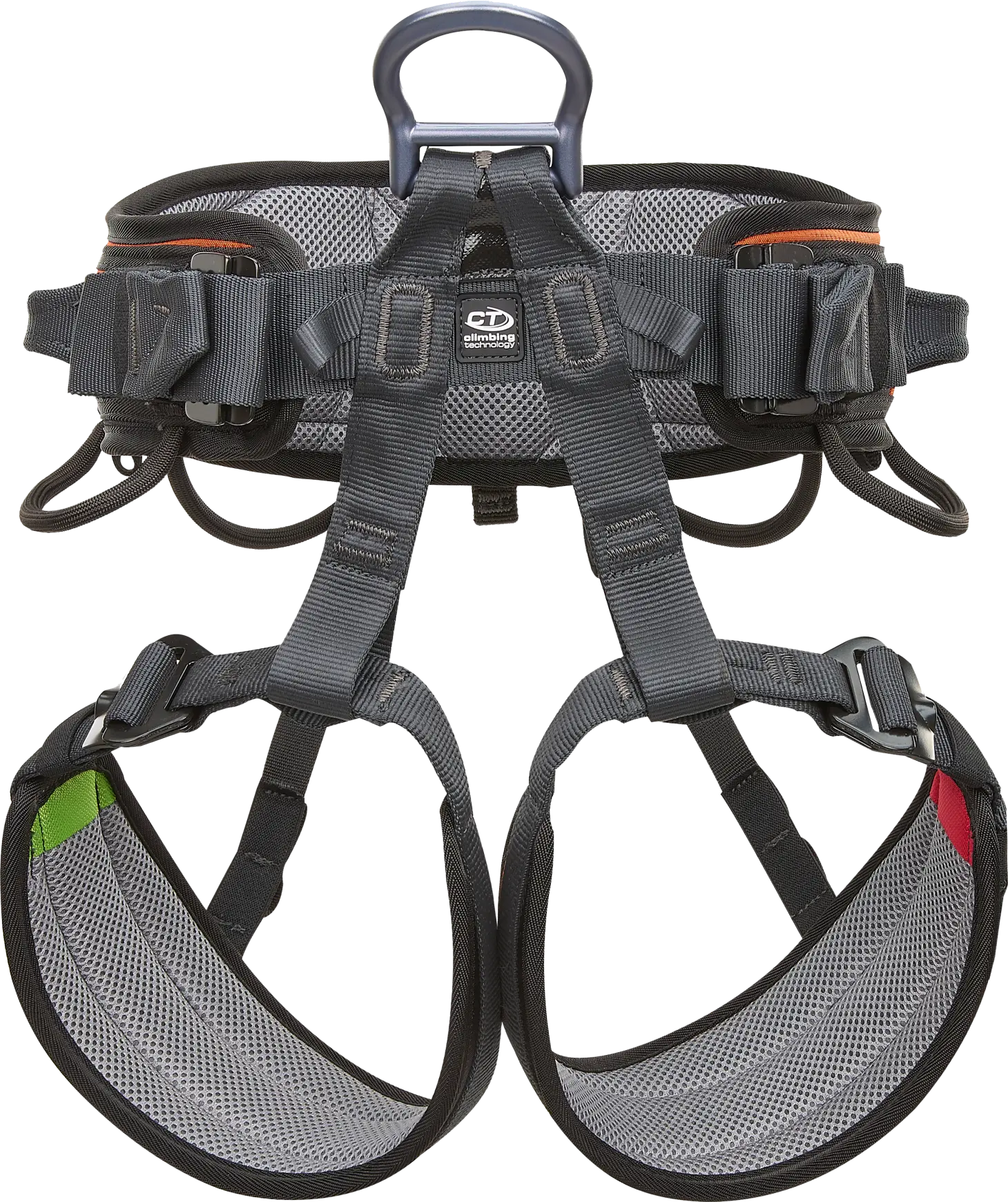 Gray climbing harness with carabiner on a white background