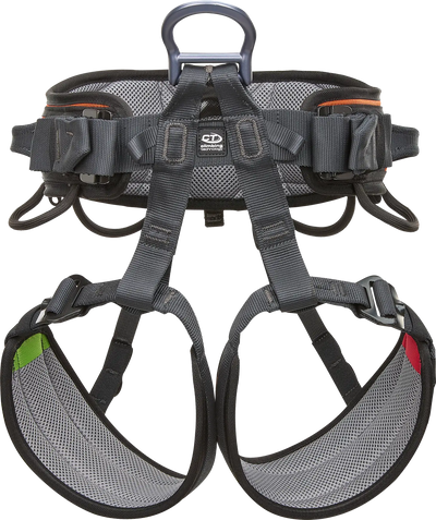 Gray climbing harness with carabiner on a white background