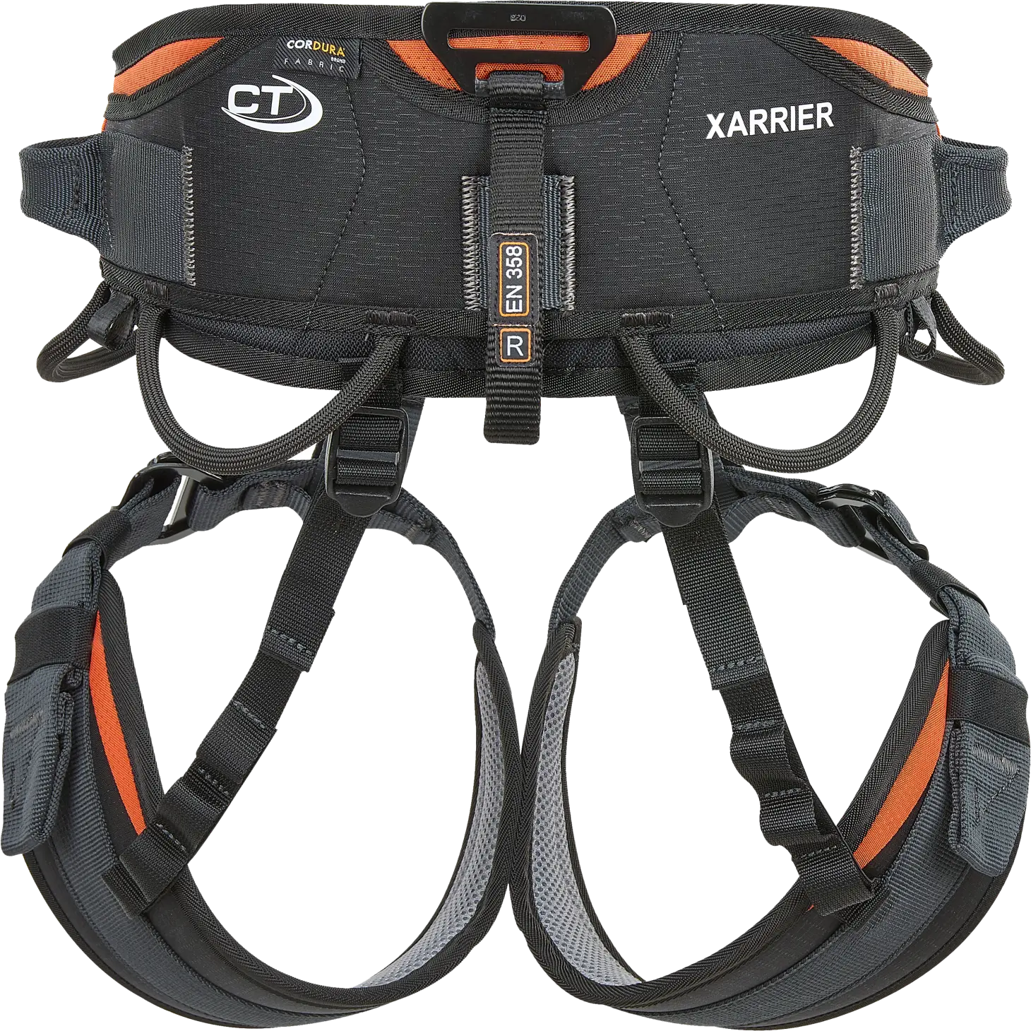 Black climbing harness with orange accents on a white background