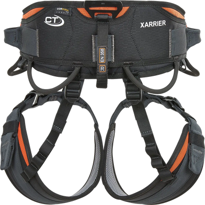 Black climbing harness with orange accents on a white background