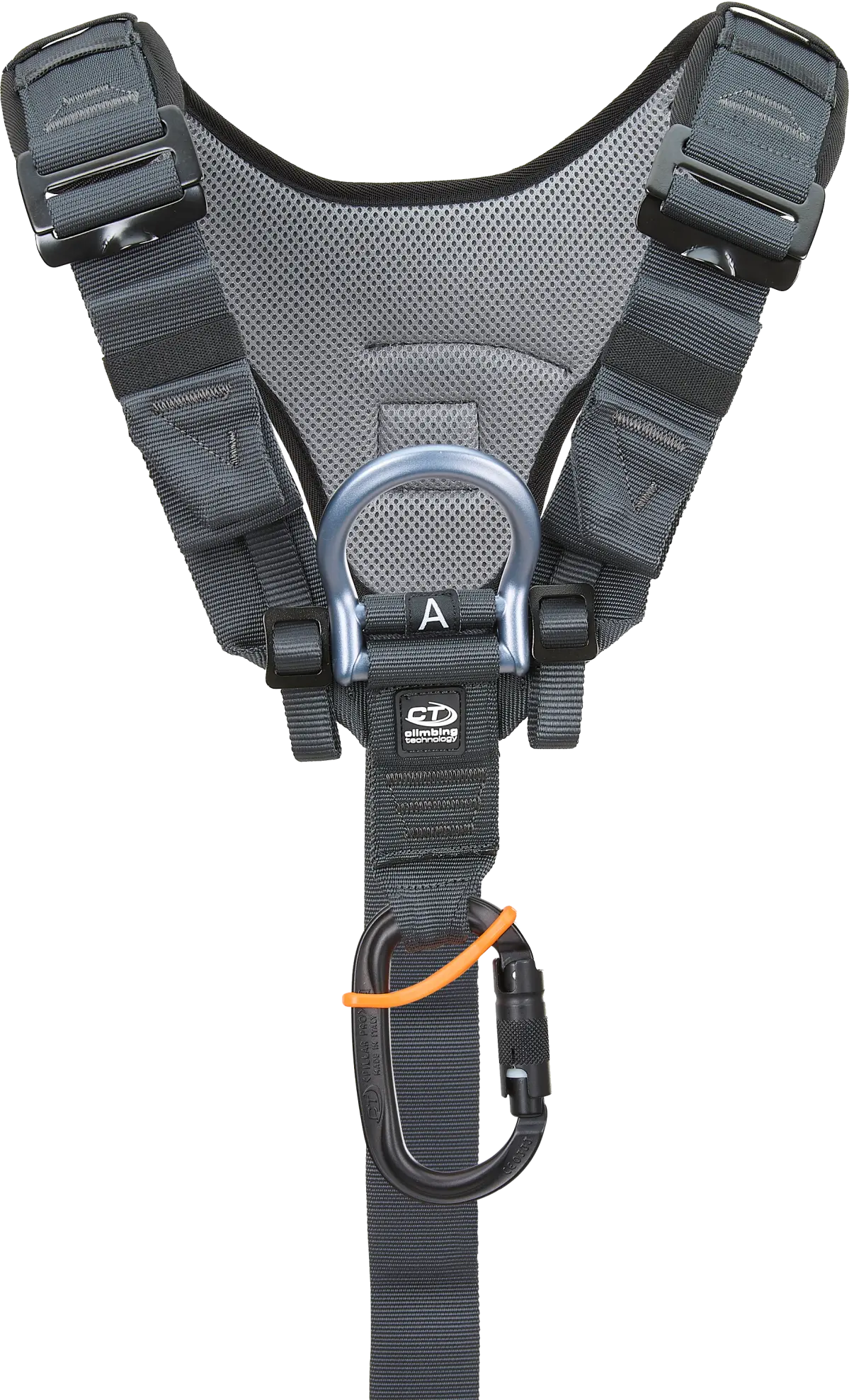 Gray safety harness with a D-ring on a white background