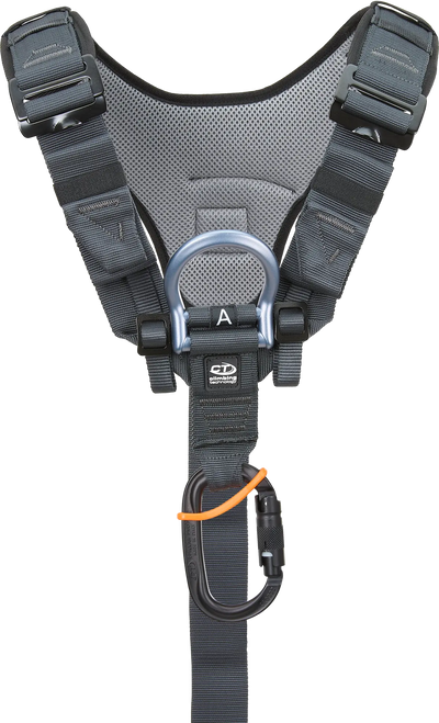 Gray safety harness with a D-ring on a white background