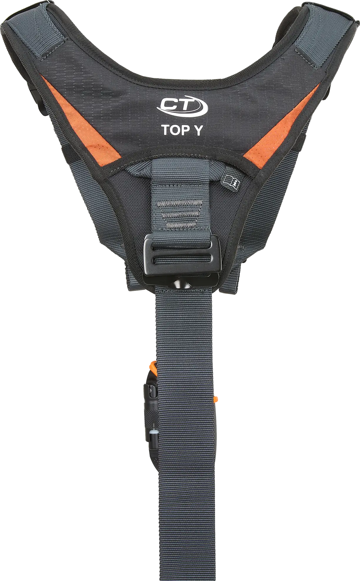 Gray and orange harness with brand logo on a white background