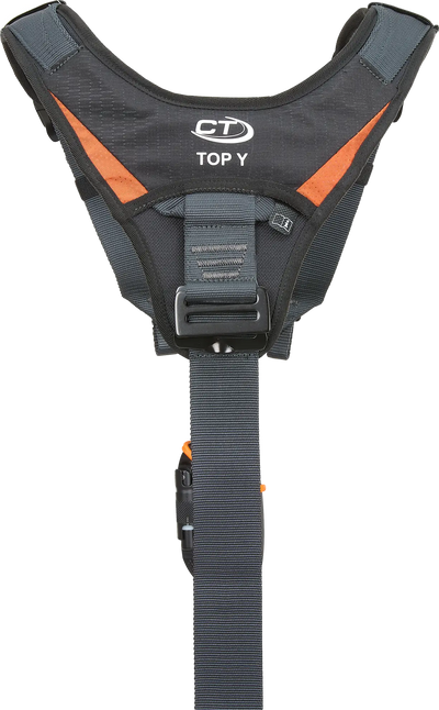 Gray and orange harness with brand logo on a white background