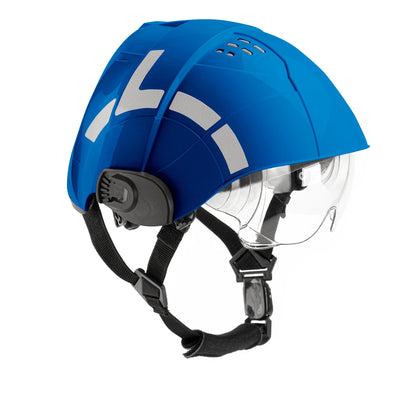 Blue helmet with clear visor on a white background
