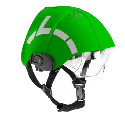 Green helmet with clear visor on a white background