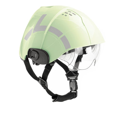 Green helmet with visor on a white background