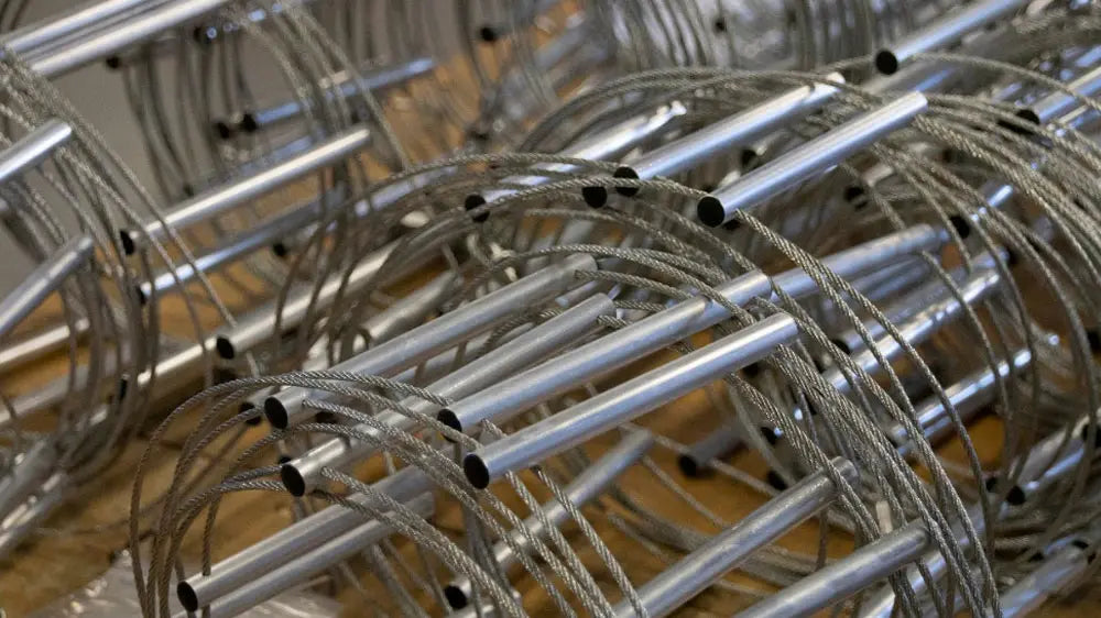 Metal wire cages on a wooden surface