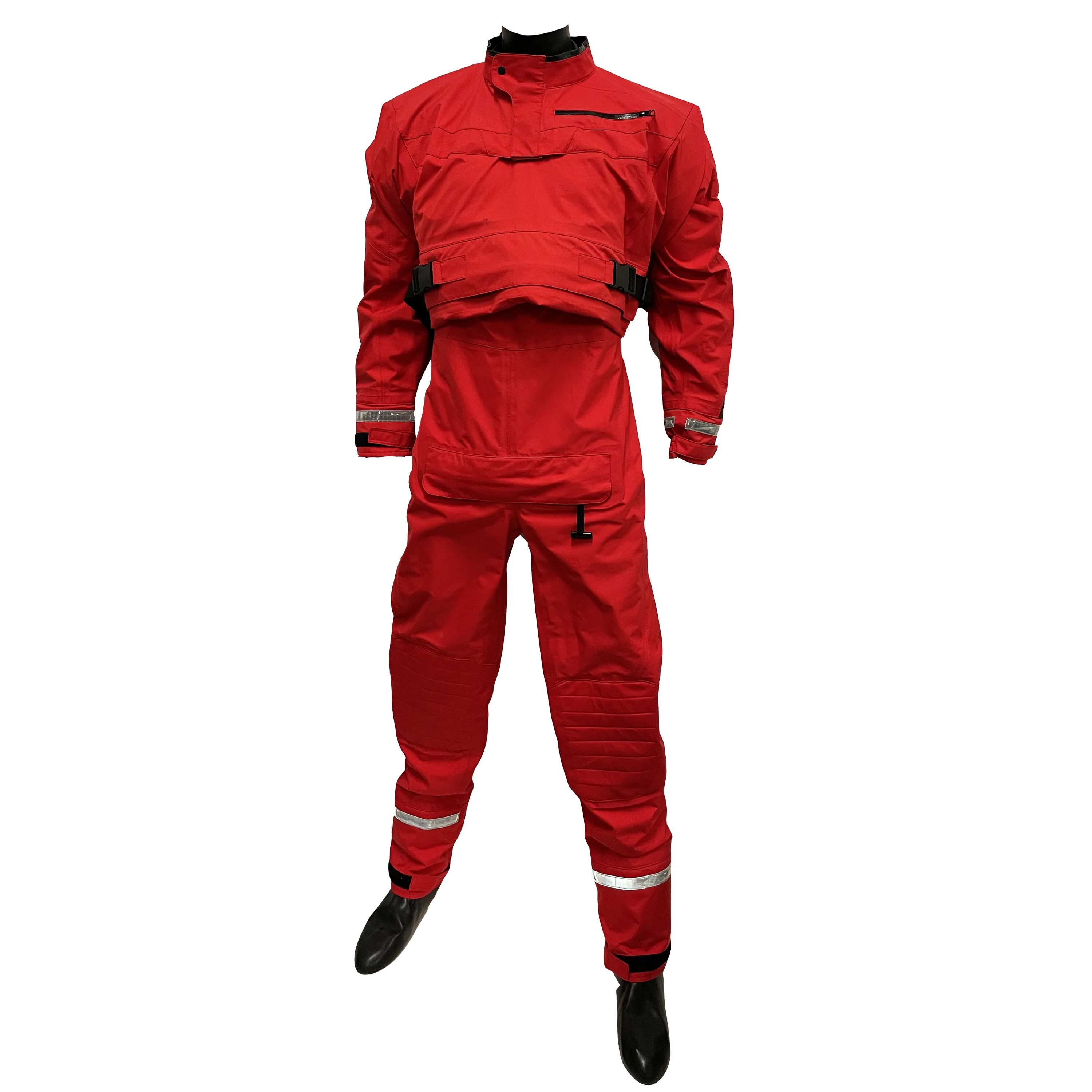Red rain suit with reflective stripes on a white background