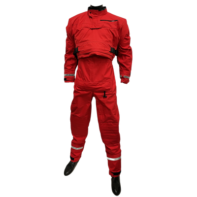 Red rain suit with reflective stripes on a white background