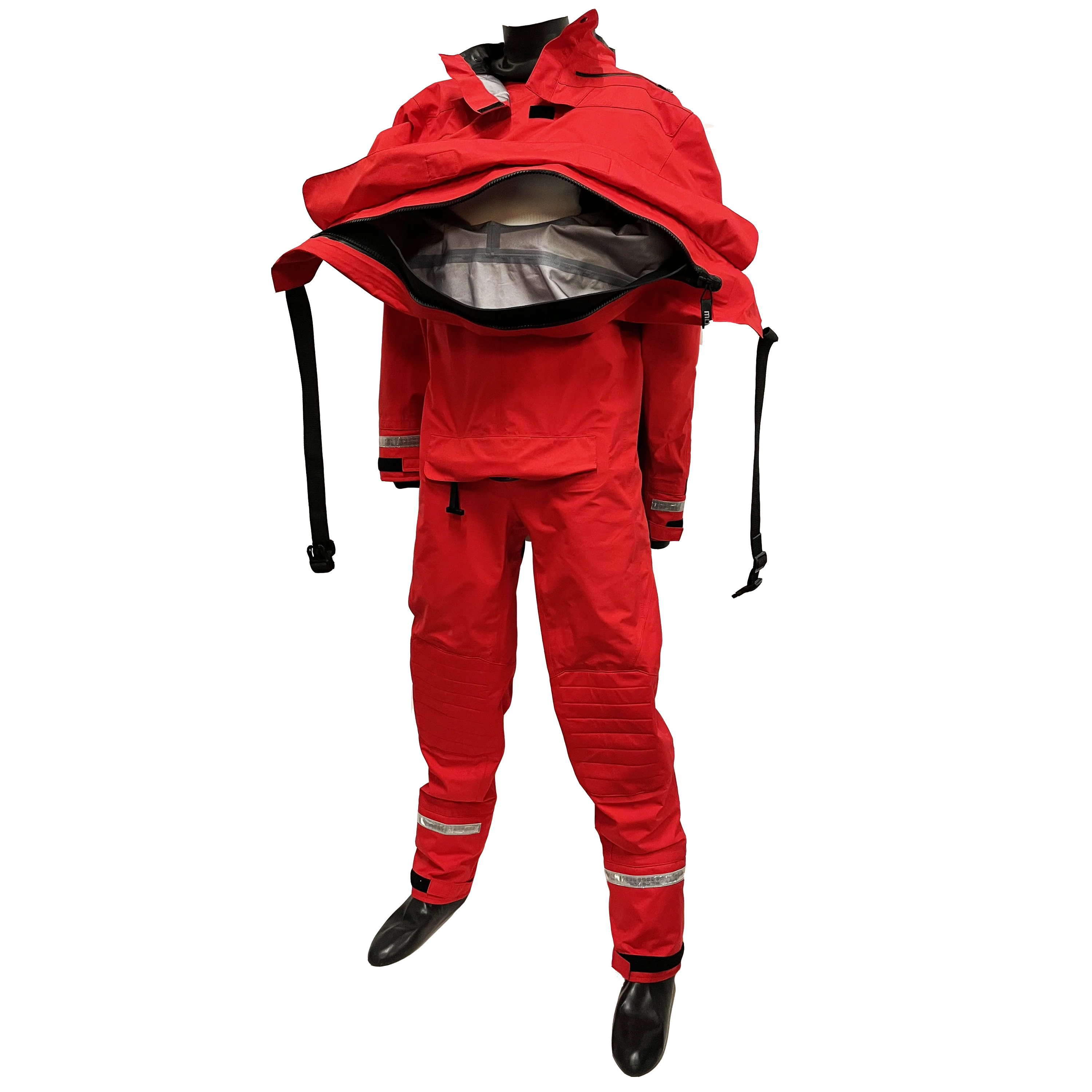 Red fire suit with reflective stripes on a white background