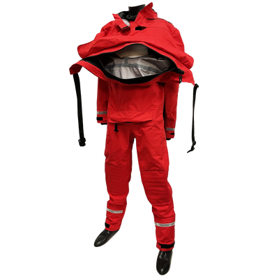 Red fire suit with reflective stripes on a white background