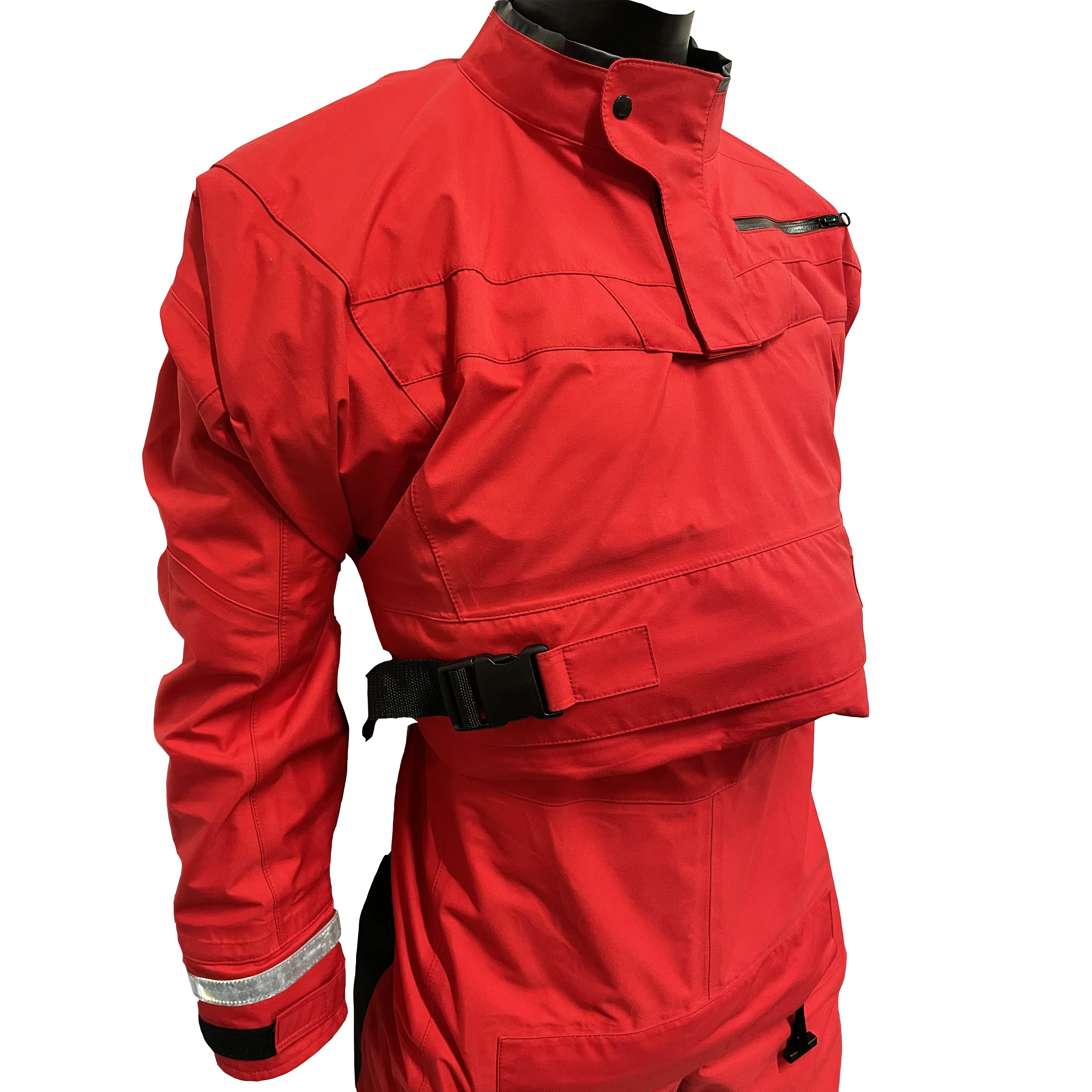 Red jacket and pants with reflective stripes on a white background