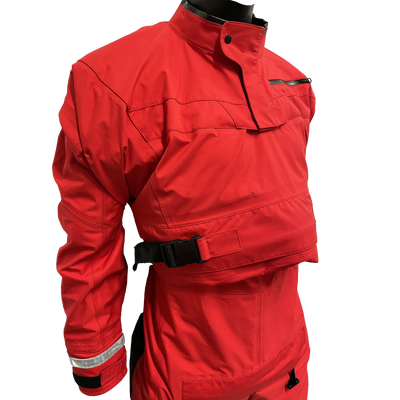 Red jacket and pants with reflective stripes on a white background