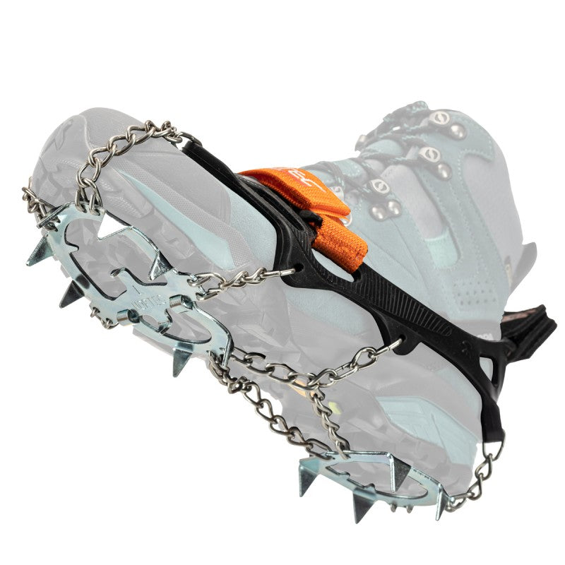 Crampon attached to a shoe on a white background