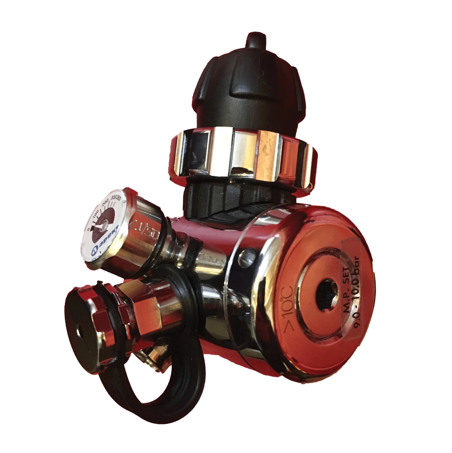 Valve handle with red and gold accents on a white background