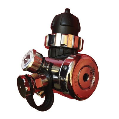 Valve handle with red and gold accents on a white background