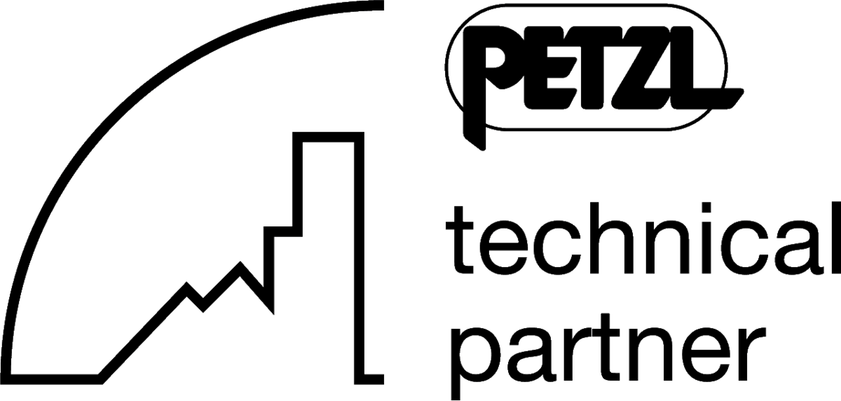 PETZL technical partner logo with a black arrow and text on a white background