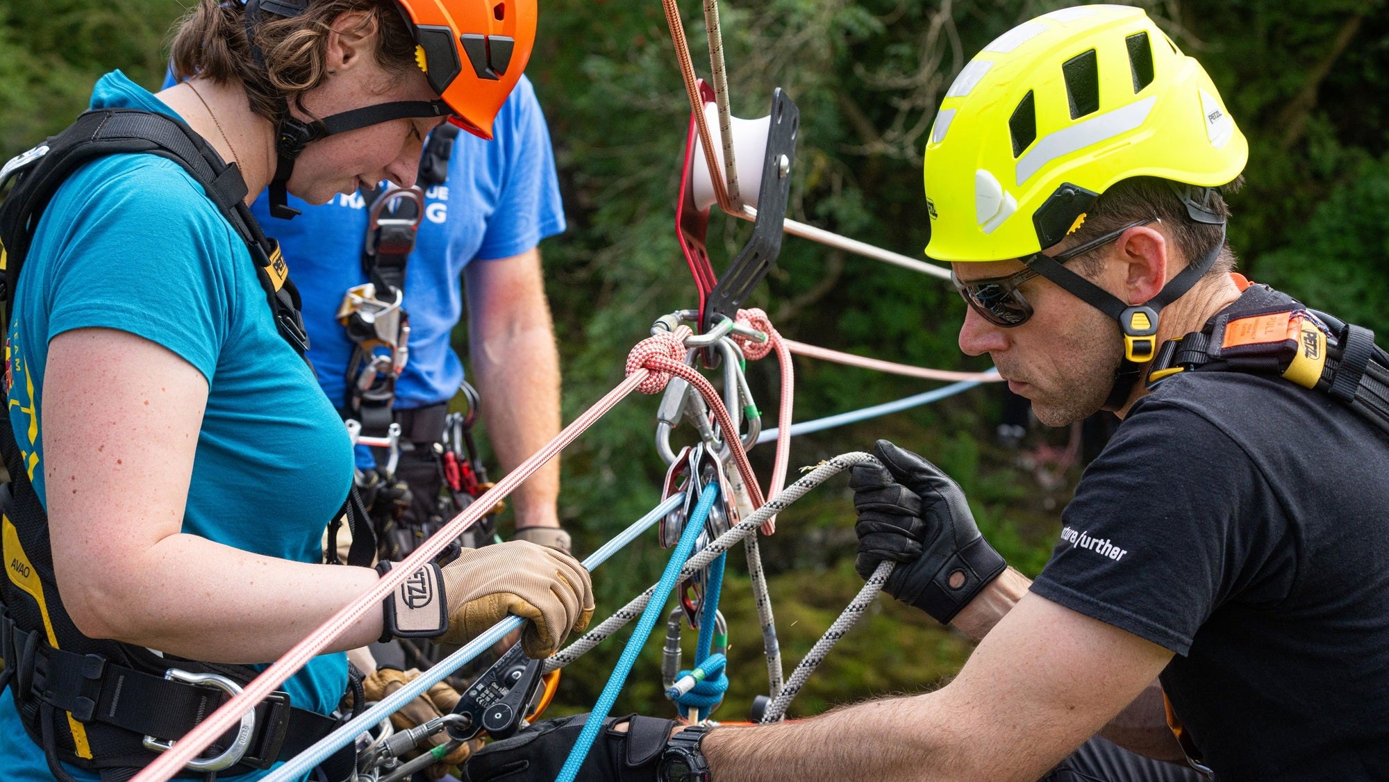 Two people in climbing gear working on ropes with a forest background