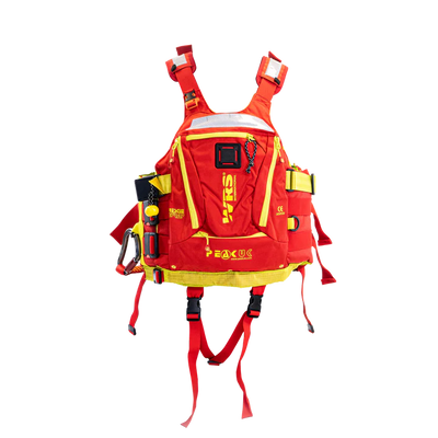Red and yellow safety harness on a white background