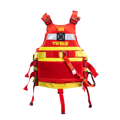 Red and yellow life jacket with visible branding on a white background