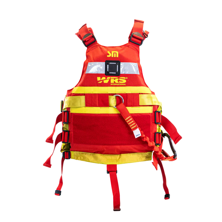 Red and yellow life jacket with visible branding on a white background