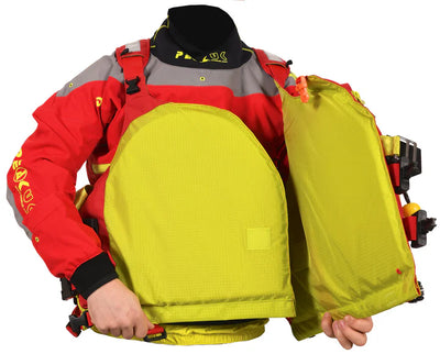 Person wearing a red and gray jacket with a yellow backpack on a white background